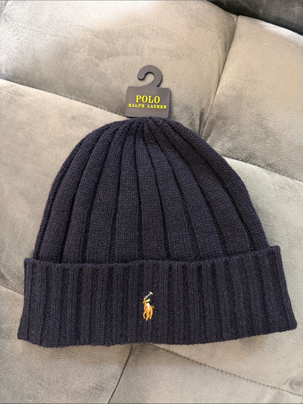 Polo by Ralph Lauren Rib Knit Beanie - Navy with Yellow Logo